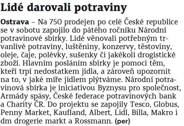 Opavský a hlučínský deník Lidé darovali potraviny 13.11.2017 Opavský a hlučínský deník str.