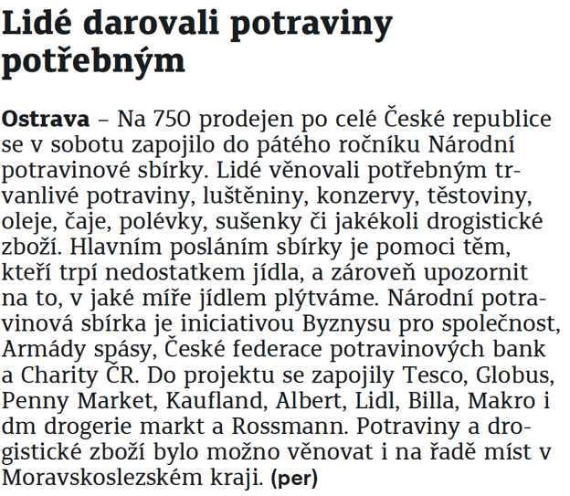 Lidé darovali potraviny potřebným 13.11.2017 Moravskoslezský deník str.