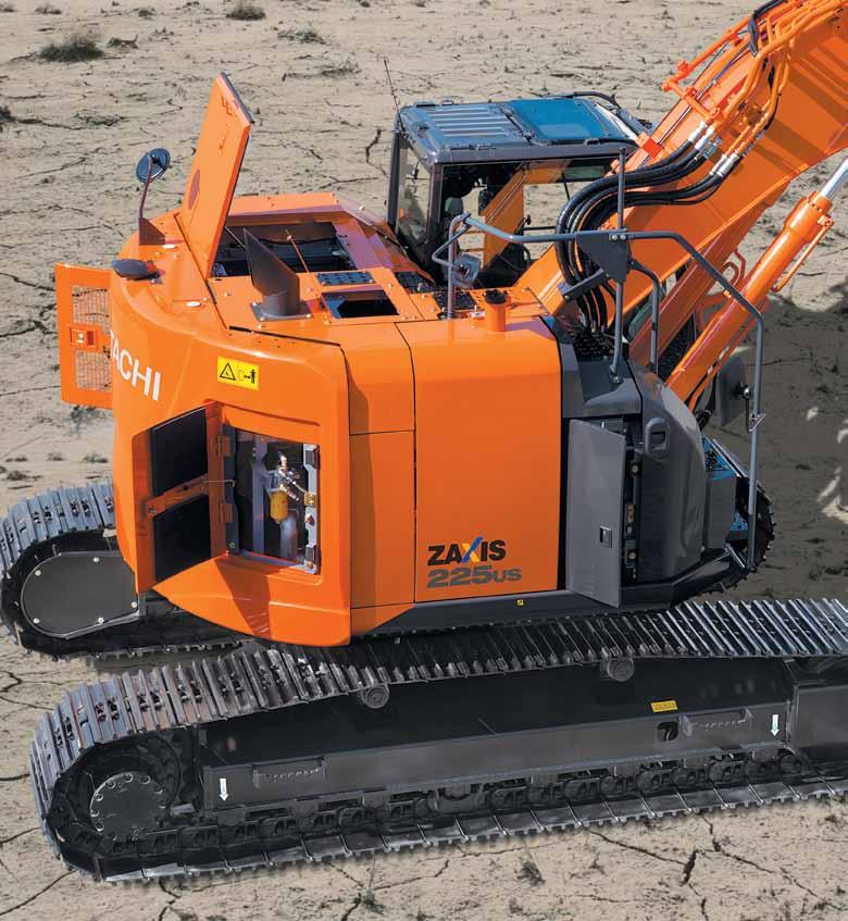 ZX225US-5 ÚDRŽBA U nové modelové řady rypadel střední kategorie ZAXIS provedla firma Hitachi další opatření pro co nejsnazší přístup k dílům údržby a opatrování stroje.