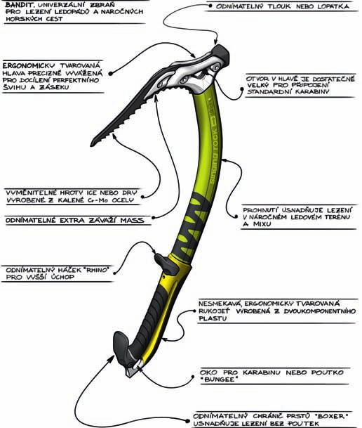 Prohnutý tvar násady umožňuje jednodušší lezení v ledových boulích nebo ve skále a zároveň zaručuje optimální úhel úchopu.