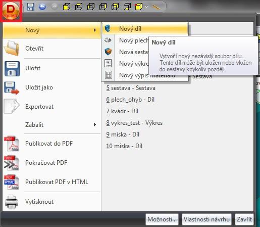 1. Klepněte na logo 3DS v levém horním rohu, vyberete Novy/Nový díl.