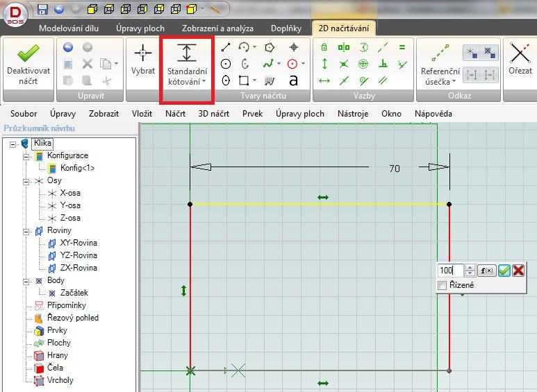 1. 2. 3. 4. 5. Vyberte Standardní kótování. Klepněte na čáru, kterou chcete okótovat (boční). Do políčka napište 100 a potvrďte (Enter nebo myší klepněte na zelené tlačítko potvrzení).