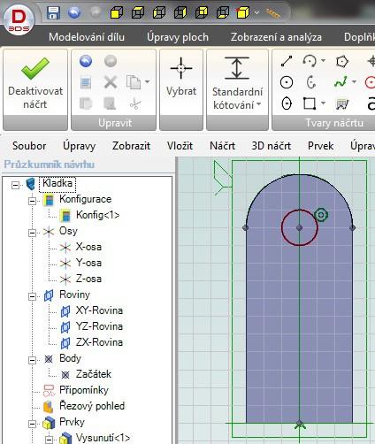 1. 2. 3. 4. Aktivujte 2D náčrt na boční ploše dílu. Vytvořte kruh o průměru 10 mm.