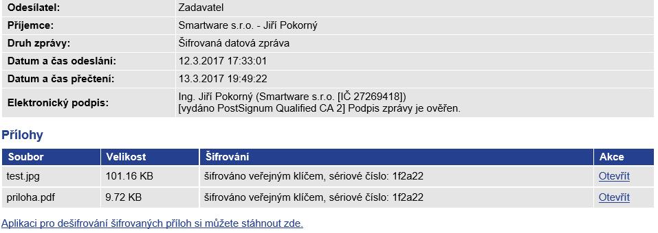 Obr 18: Šifrovaná zpráva s odkazem ke stažení aplikace pro dešifrování. Obr 19: Aplikace pro dešifrování šifrovaných souborů dodaným vloženým klíčem.