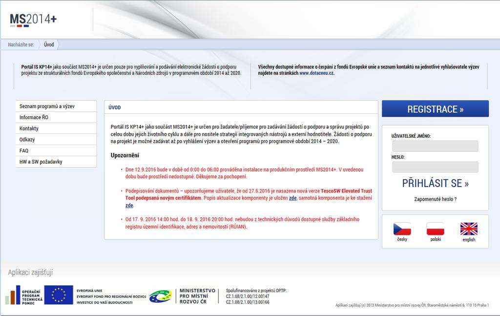 Portál IS KP14+ Webová aplikace pro žadatele o podporu z Evropských