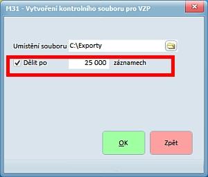 Úpravy v programu 23 Jelikož VZP neakceptuje kontrolní soubory o více než 25000 záznamech, je možno generovaný soubor rozdělit.