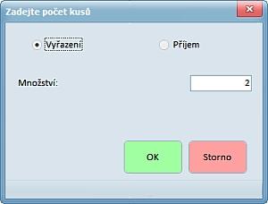 Úpravy v programu 3 Obrázek 2. Formulář pro volbu kusů přípravku a pro volbu zda vyřazovat, nebo přijímat (Otevře se po stisku tlačítka Změna stavu 1.