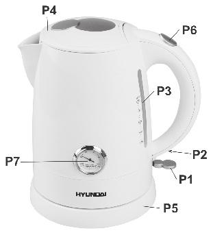 Description of the controls P1. ON/Off switch P2. ON/OFF indicator light P3. Water level scale P4. Lid P5. Multi-directional base P6. Button for open hinged lid P7.