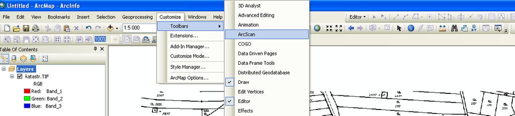 Automatická vektorizace strana 6 Otevření nástrojové lišty ArcScan v menu Customize Lišta je neaktivní (nástrojové ikonky jsou šedé), pro její aktivaci je zapotřebí