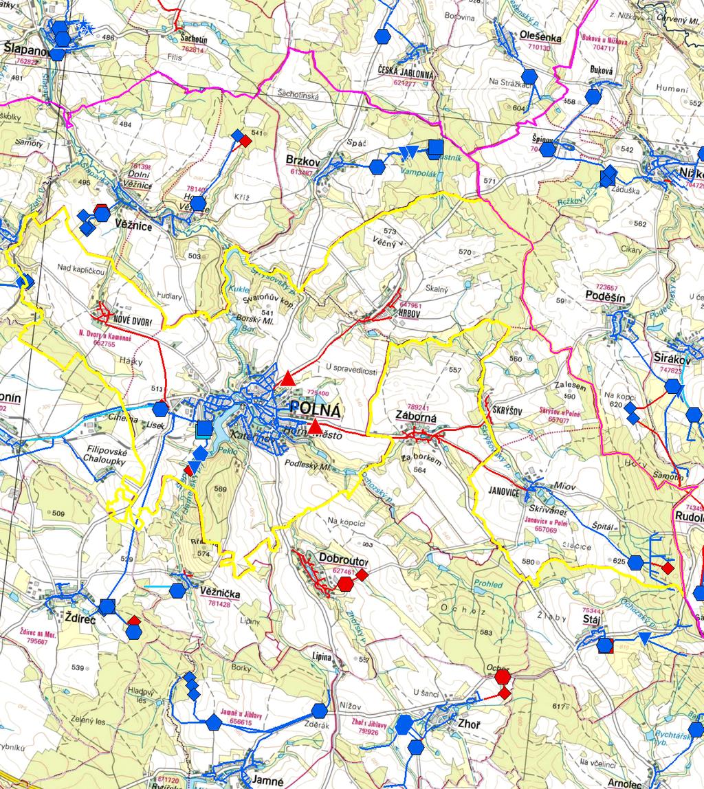 Plán rozvoje vodovodů a kanalizací Kraje Vysočina MAPA - VODOVODY Trasování sítí, lokalizace vodojemů, zdrojů, čerpacích stanic, ATS, ÚV