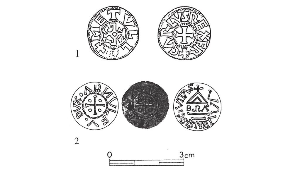 Obr. 13a Mince. 1 Praha-Šárka; 2: Kozojedy-Dřevíč hradiště či nejbližší okolí. Podle N. Profantové a Z. Veselého leznými výrobky (ostruhy z hrobu 55 z Kouřimi - obr.