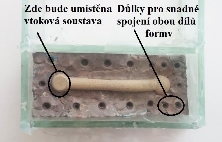 Tento box bylo nutné vyplnit plastickou hmotou ( plastelínou ), a to v té části formy, která bude odlita jako druhá. Použito bylo tedy formy dvoudílné.