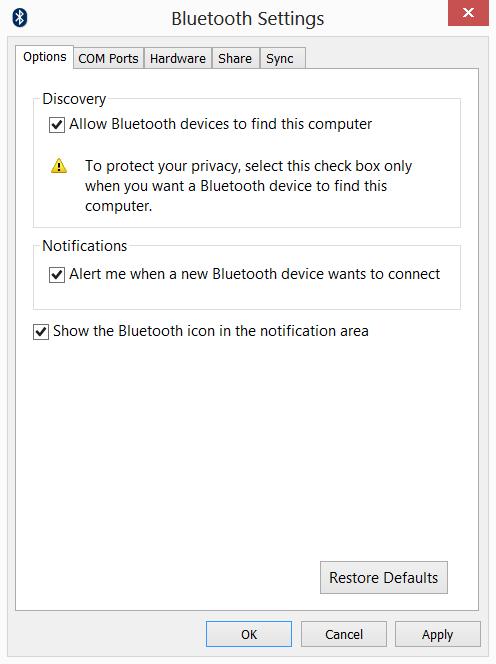 Používání připojení Bluetooth - 41 3. Potom v oznamovací oblasti plochy klepněte na ikonu Bluetooth a vyberte možnost Open Settings (Otevřít nastavení). 4. Zaškrtněte políčko Povolit zařízením Bluetooth vyhledání tohoto počítače, klikněte na položku Použít a potom klikněte na tlačítko OK.