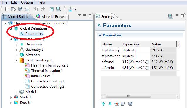 UTB ve Zlíně, Fakulta technologická 47 V nabídkovém stromu Model Builder jsem zvolil Global Definitions, poté Parameters a do tabulky k tomu určené jsem nadefinoval potřebné