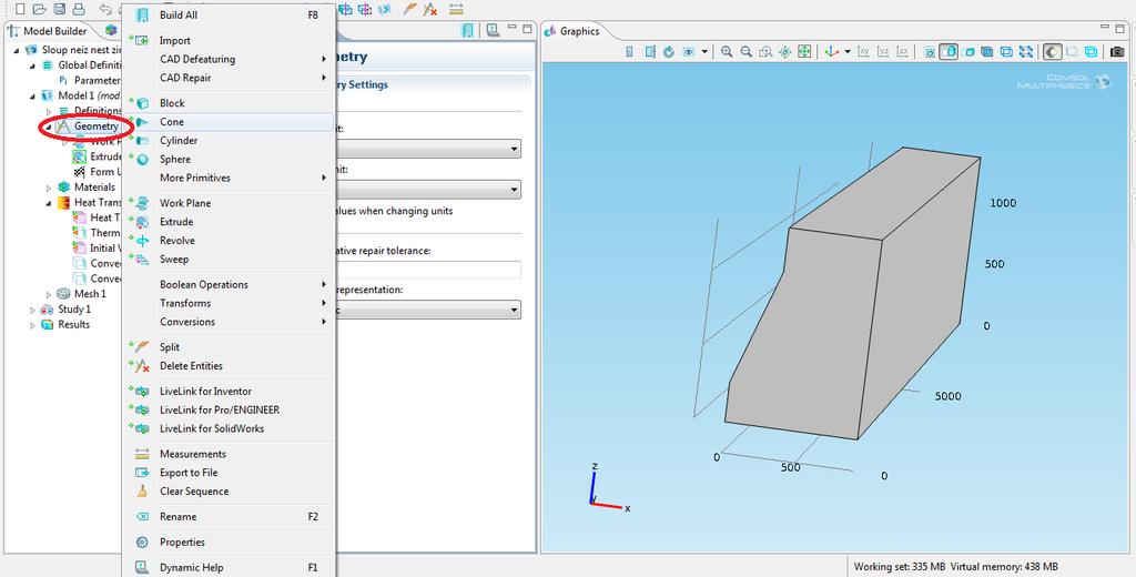 22 Nadefinování potřebných parametrů v prostředí Comsol Multiphysics V nabídkovém stromu Model Builder jsem zvolil Geometry, a pomocí příslušných grafických nástrojů jsem
