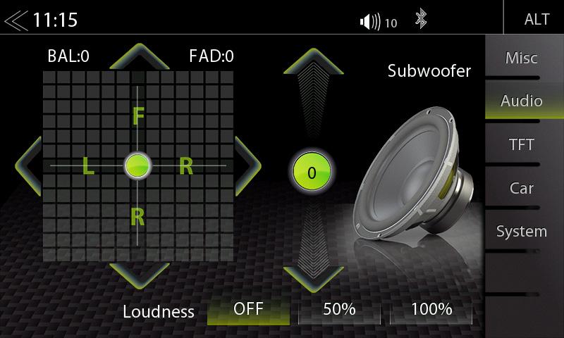 V této nabídce lze nastavit parametry Vyvážení / Fader, Hlasitost a Subwoofer reproduktoru ve vozidle.