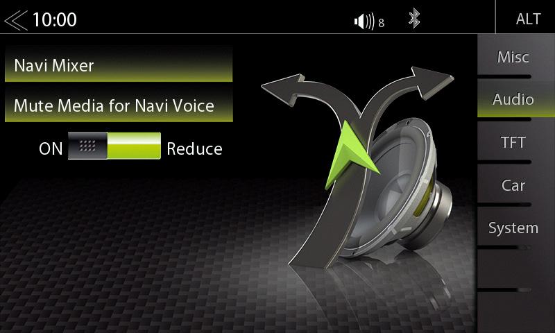 NASTAVENÍ NAVI-MIXER KONFIGURACE DISPLEJE TFT Na stránce nabídky Režim experta lze upravit vyřazení či ztlumení přehrávání audia či videa při hlasových pokynech navigace.