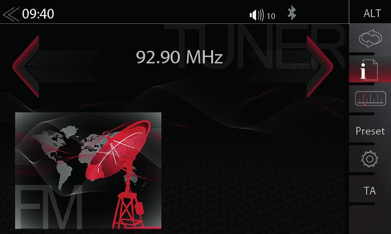 FM RÁDIO REŽIM GRAFICKÉHO ZNÁZORNĚNÍ FM Nabídka FM RDS obsahuje vpravo ovládací/provozní oddíl, který umožňuje