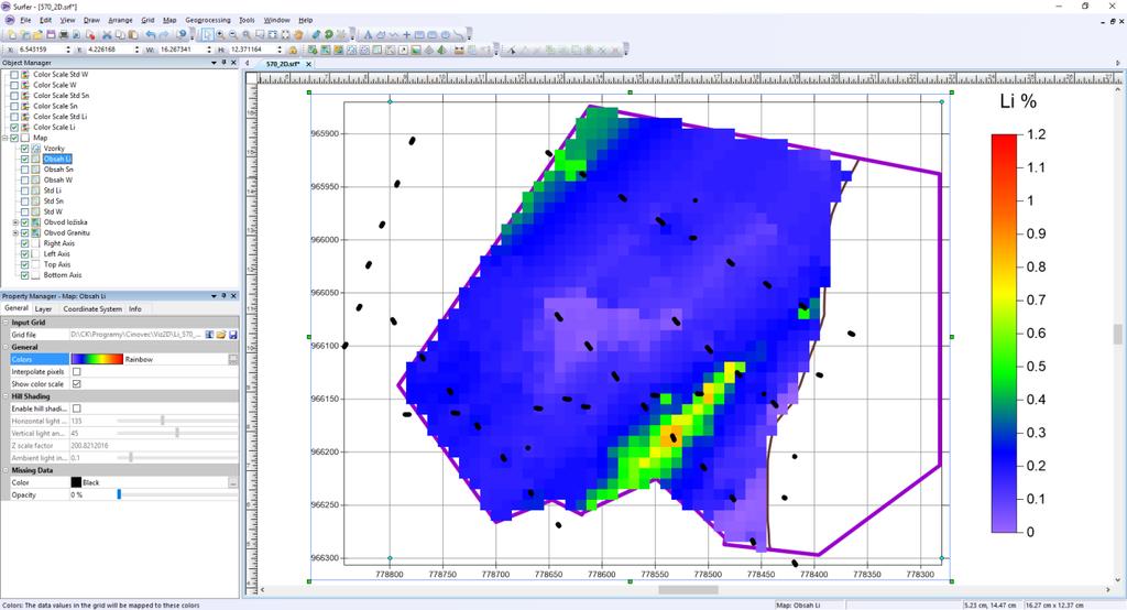 Obr. 35: Vizualizace horizontálního řezu 570 m (soubor 570_2D.srf) v prostředí Surferu. 2.2.11. Vizualizace obsahů Li, Sn, W ve 3D Po importu 3D gridů obsahů Li, Sn, W (viz 2.2.10, textových souborů Li_3D.