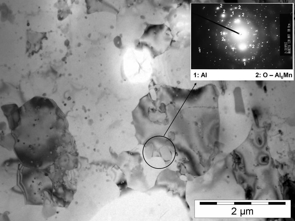 A TEM micrograph of AlMn5 alloy in longitudinal section Tyto výsledky ukazují, že slitinu AlMn5 je možné zpracovat práškovou metalurgií.