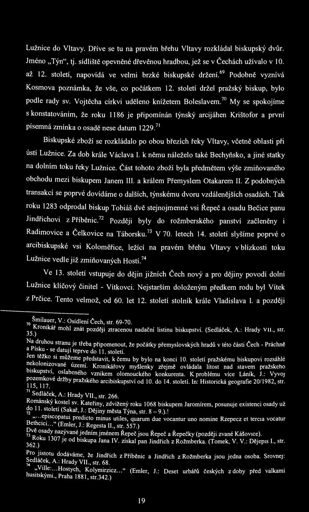 Lužnice do Vltavy. Dříve se tu na pravém břehu Vltavy rozkládal biskupský dvůr. Jméno Týn", tj. sídliště opevněné dřevěnou hradbou, jež se v Čechách užívalo v 10. až 12.
