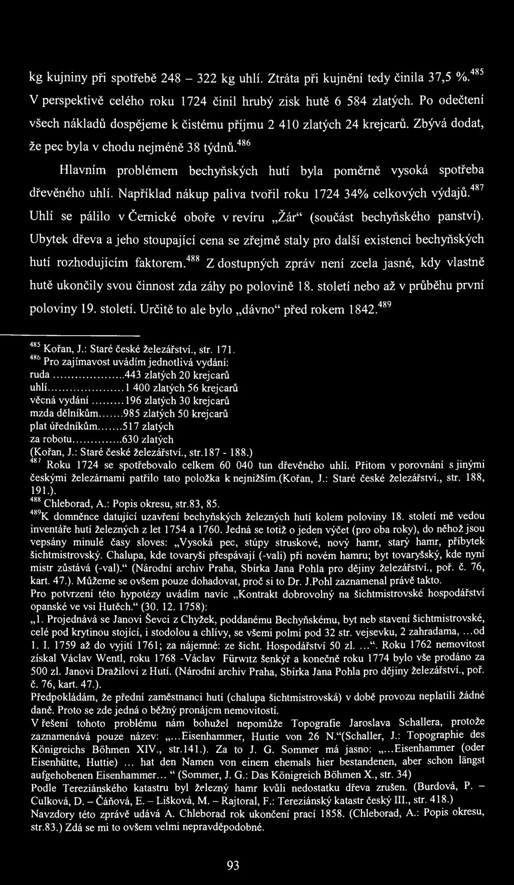 kg kujniny při spotřebě 248-322 kg uhlí. Ztráta při kujnění tedy činila 37,5 %. 485 V perspektivě celého roku 1724 činil hrubý zisk hutě 6 584 zlatých.