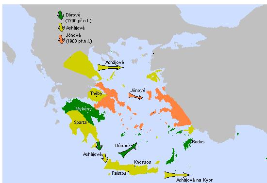 Osídlování - původní obyvatelstvo nahrazeno řeckými kmeny přicházejícími ze severu Balkánského pol. od r. 2000 př.n.l. o Achájové o Iónové o Dórové - Řekové = Indoevropané - byli na nižší kulturní úrovni než starousedlíci, a proto se s jejich příchodem kulturní vývoj v Řecku načas zastavil zdroj: dejepis.