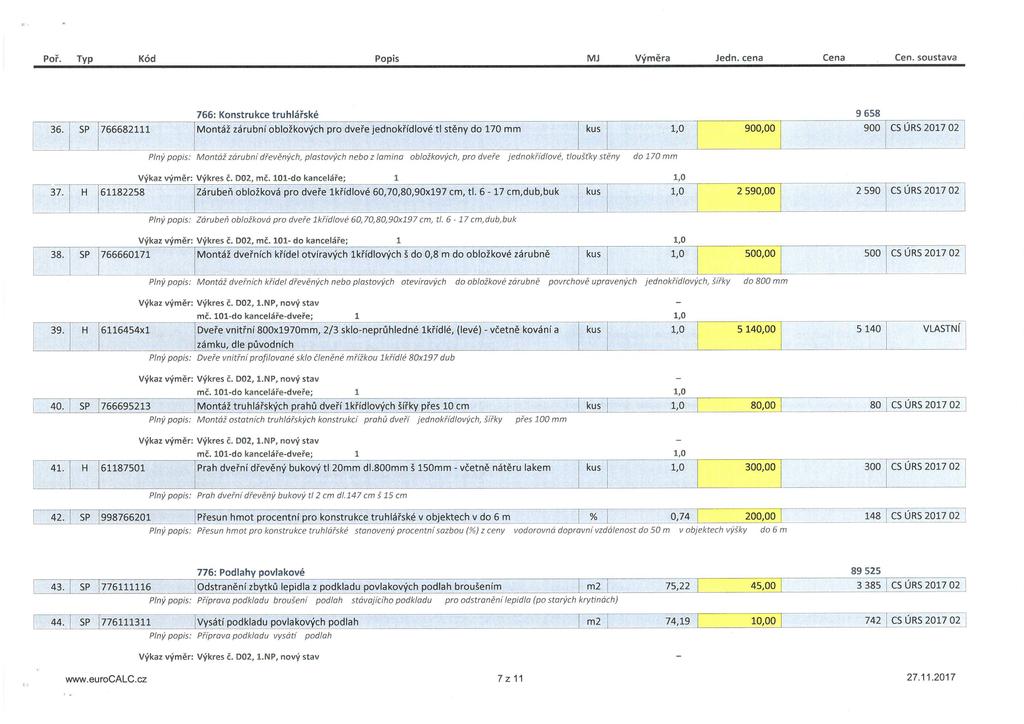 Poř. Typ Kód Popis MJ Výměra Jedn. cena Cena Cen. soustava 766: Konstrukce truhlářské 9 658 36.
