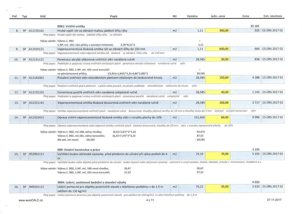 Poř. Typ Kód Popis MJ Výměra Jedn. cena Cena Cen. soustava 0061: Vnitřní omítky 22 101 8.