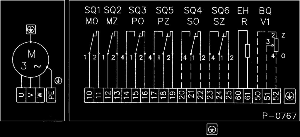 Schémata vnitřního elektrického zapojení elektrických servomotorů MODACT MO EEx Legenda: BQ1 (V1) CPT 1A SQ1 (MO) SQ2 (MZ) SQ3 (PO) vysílač polohy - odporový 1 x 100 Ω proudový vysílač polohy 4 20 ma