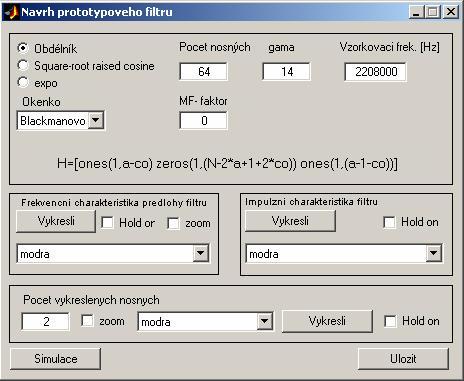 je možné zadat barvu průběhu a vykreslit více průběhů do jednoho okna pomocí pole Hold on Vypočtené koeficienty prototypového filtru a koeficienty jednotlivý ch polyfázový ch složek je možné uložit