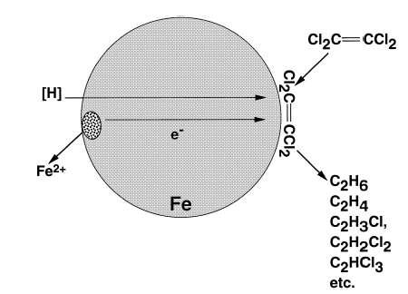 Princip degradace Cl U nulamocným železem C x H y Cl z + z H + + z Fe 0 C x H y+z + z Fe 2+ + z Cl - C 2 Cl 4 + 5Fe + 6H + C 2 H 6 + 5Fe 2+ + 4Cl - 3Fe 0 3Fe 2+ + 6e - C 2 HCl 3 + 3H + 6e - C 2 H 4 +