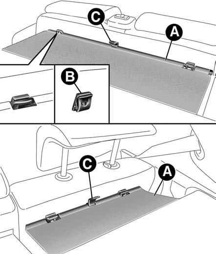 65 z úchytů B v opěradlech zadních sedadel; uchopte jazýčky C a přidržte rolety v navíječi; uvolněte