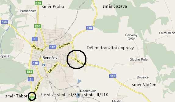 Obrázek 3: Začátek a konec tranzitní dopravy po silnici II/110 ve městě Benešov Zdroj: maps.google.cz, úprava: autor 1.4.2.