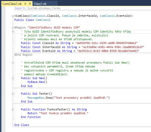 Teoreticky by bylo možné tuto třídu vytvořit i z obecné třídy identifikátory GUID lze vygenerovat s pomocí menu Nástroje, s atributem ComClass už jsem ale narazil na problém v rámci InteropServices,