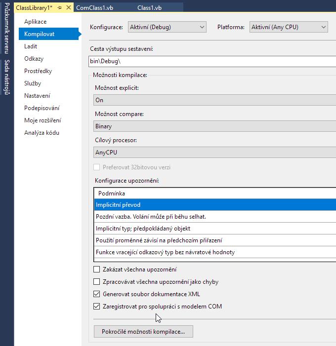Visual Studio registrace COM Pod položkou Kompilace najdeme volbu Zaregistrovat pro spolupráci s modelem COM. Jejím cílem je vytvoření tzv.