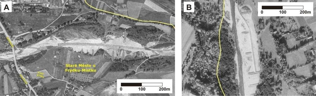 Obr. 12: Výhonové stavby na leteckých snímcích z roku 1955: A v oblasti Starého Města u Frýdku-Místku; B v oblasti mezi Skalicí a Nošovicemi (Zdroj: http://kontaminace.cenia.cz/).