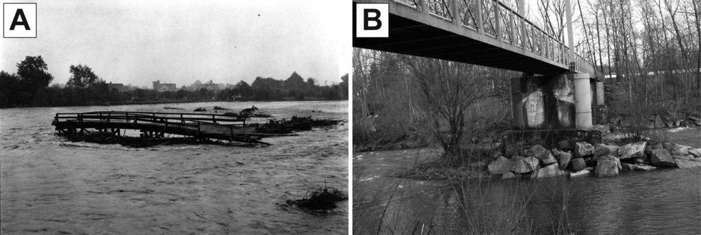 Obr. 17: A zbytky d evěneho mostu v Bašce u Frýdku-Místku po povodni v roce 1960 (Zdroj: Archiv Povodí Odry, s. p.); B hloubkovou erozí postiženy pilí mostní konstrukce pro pěší v Bašce u Frýdku-Místku.