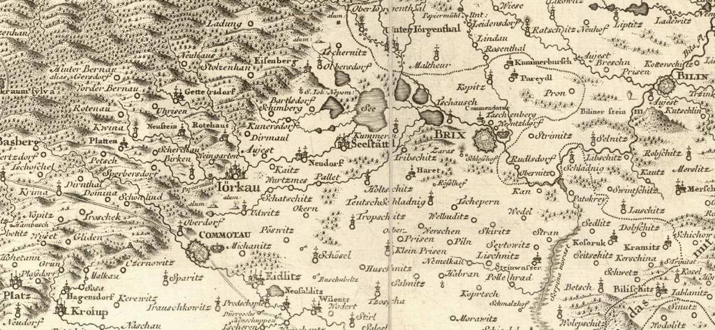 Historické mapy Mostecka Obr.13 - Mullerova mapa výřez. [online] staženo 30.3.2009, 22: 30.