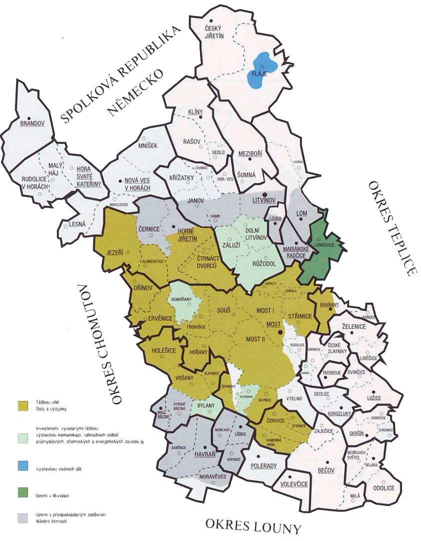 Obr.16 Původní sídliště a jejich území v okrese Most zlikvidovaná do roku 1989. POKORNÁ, L.