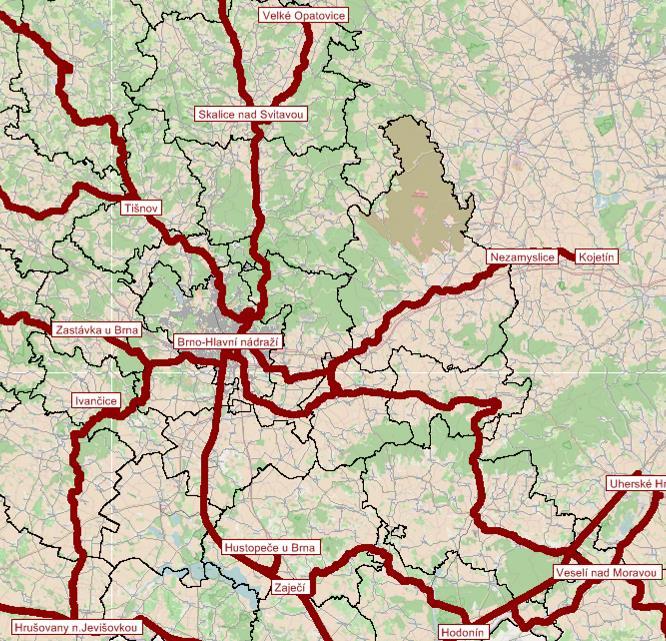 Obrázek 39 Navazující železniční stavby BOSKOVICKÁ SPOJKA VRT BRNO BENEŠOV BRNO PŘEROV BRNO ZASTÁVKA VRT BRNO VRANOVICE BLAŽOVICE VESELÍ N. M.