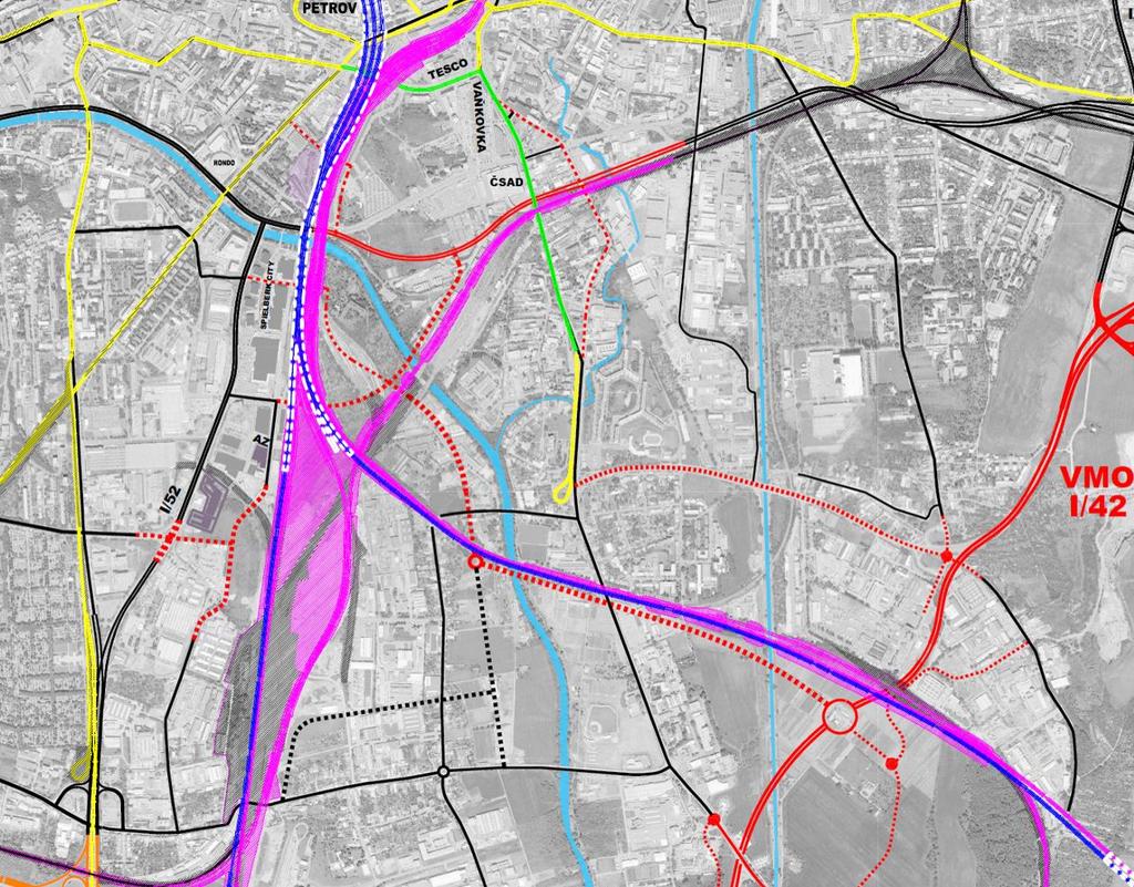 Obrázek 49 Infrastruktura ve variantě B-Petrov Zdroj: Prověření územních dopadů variant přestavby železničního uzlu Brno Návrh rozvoje tramvajové infrastruktury Výhledový rozvoj infrastruktury MHD