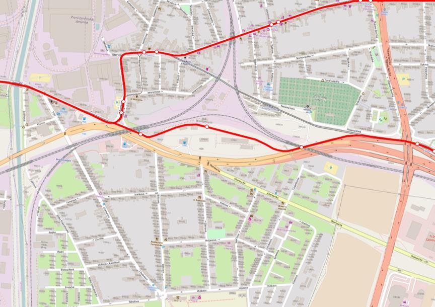 Přeložení trati v Trianglu Olomoucká Jedná se pouze o krátkou přeložku trati beze změny v linkovém vedení. Na novém úseku se uvažuje se dvěma novými zastávkami.