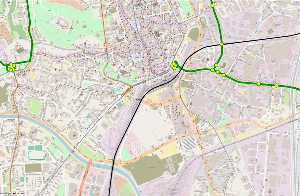 Studie proveditelnosti železničního uzlu Brno U linek 31 a 33 je z důvodu překračování kapacity navržen provoz kapacitnějších kloubových vozidel Obrázek 62 Linkové vedení trolejbusů varianta Bez