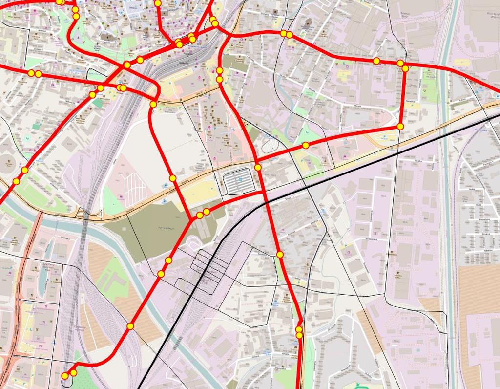 Obrázek 63 Linkové vedení tramvají varianta A Řeka 2,8B 8A 12 9B,10 Spojka ulicí Úzkou 1,2,8A,8B 9A,9B,12 10 1,9A,10 Bulvár 1,9A Spojka směr Husova