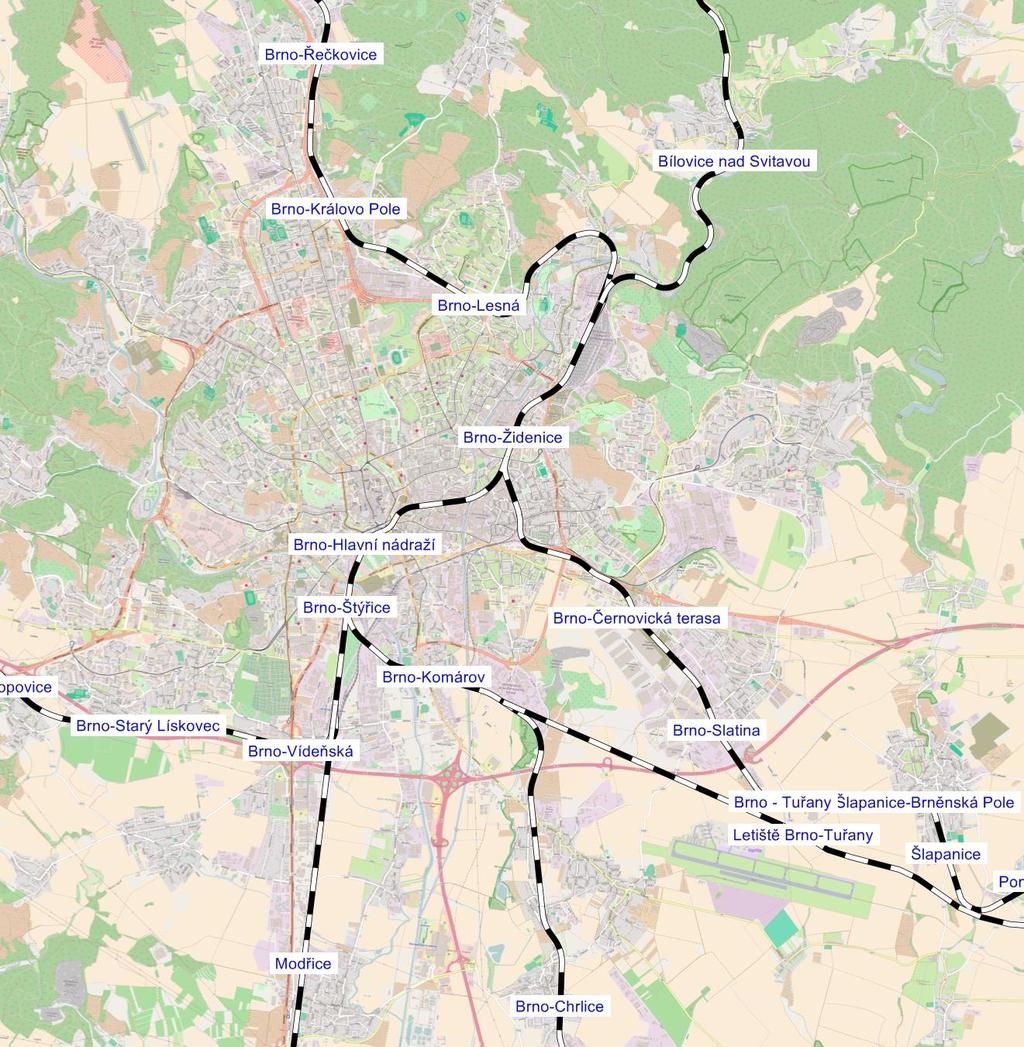 Obrázek 76 Železniční síť Brna se stanicemi a