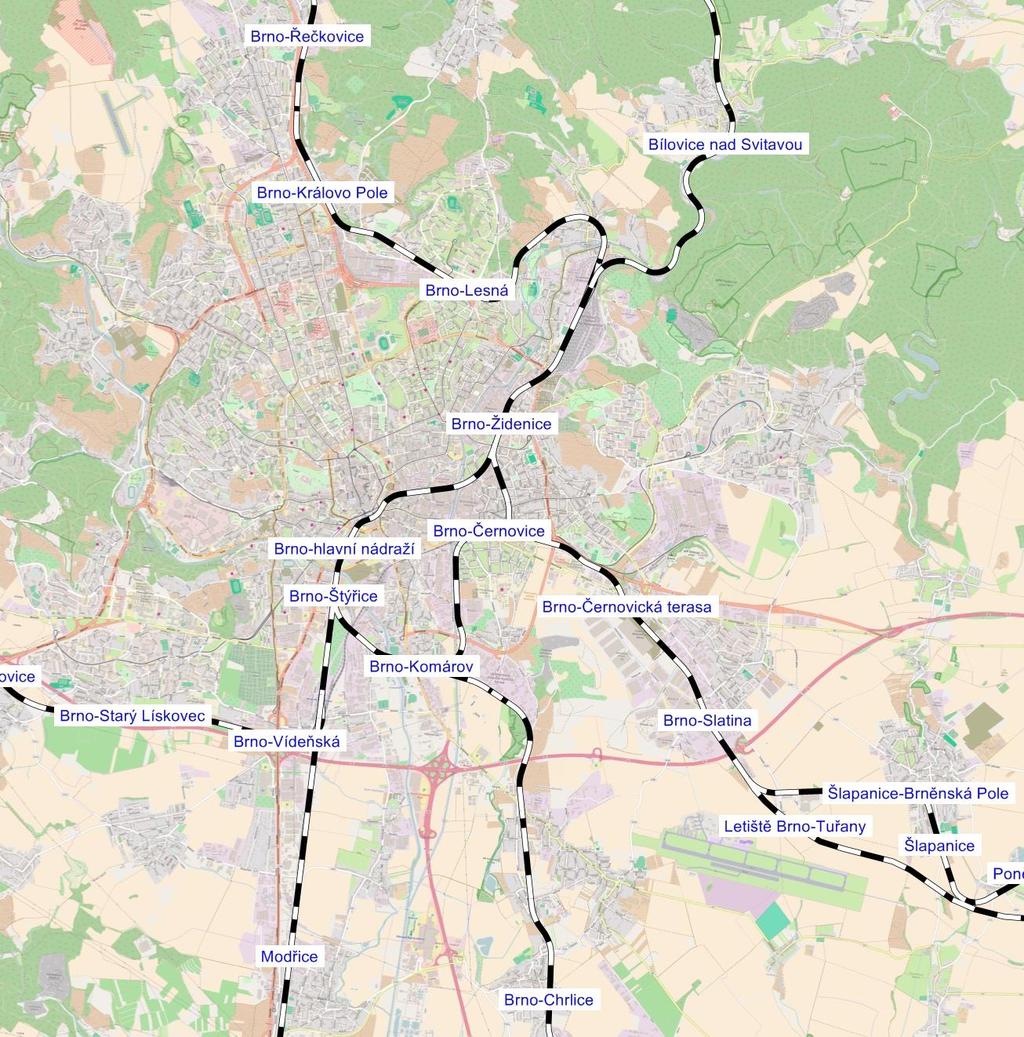 Obrázek 77 Železniční síť Brna se stanicemi a zastávkami varianta B1f Zdroj: dopravní model, AF-CityPlan Brno-Hlavní nádraží V roce 2020 nedojde ke změně linek obsluhujících stanici Hlavní nádraží.