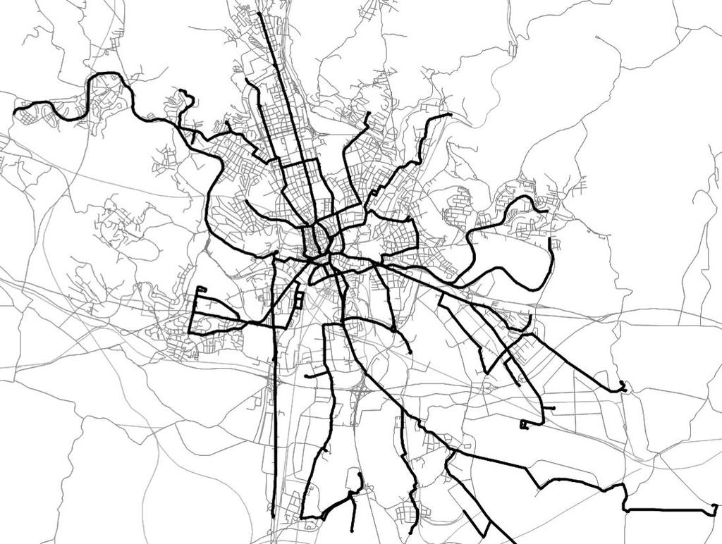 Obrázek 78 Trasy přímých linek od zastávek Hlavní nádraží a Úzká varianta Bez projektu Zdroj: dopravní model, AF-CityPlan 6.1.2.