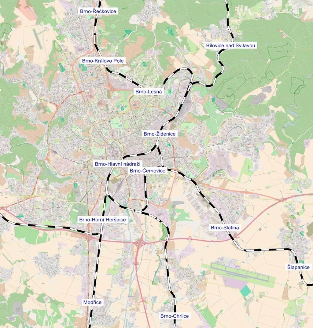 Obrázek 20 Železniční síť Brna se stanicemi a zastávkami rok 2015 Zdroj: dopravní model, AF-CityPlan 3.5.1. Brno-Hlavní nádraží Na Hlavním nádraží je v současnosti možný přestup na tramvajové, trolejbusové i autobusové linky.