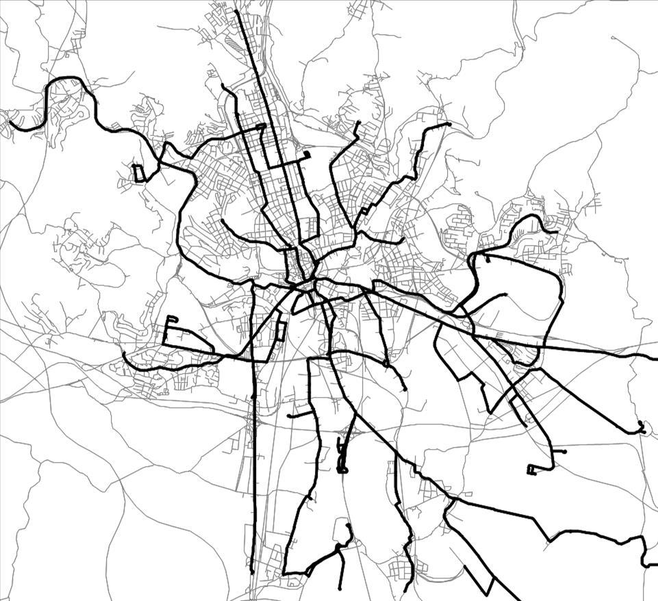 Obrázek 21 Trasy přímých linek od zastávek Hlavní nádraží a Úzká Zdroj: dopravní model, AF-CityPlan Celkový počet cestujících, kteří přijíždí na Hlavní nádraží je necelých 30 tis. za pracovní den.